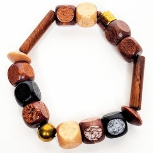 247B658 Handmade Unisex Brown Black Tan and Gold Wooden Bracelet.